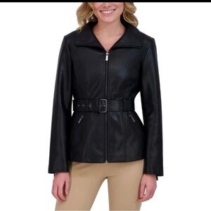 Kenneth Cole Women's Belted Faux Leather Jacket, Black, X Large